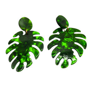 Pierced Earrings Leaf Green Monstera Dangle Acrylic Statement Boho SKU 2783
